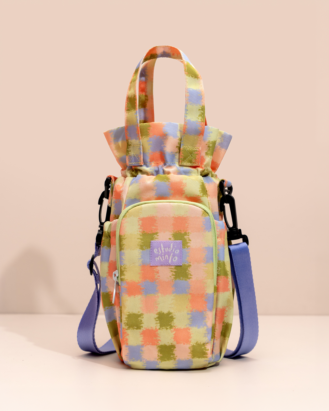 Bolso para Termo Funky Pastel con compartimento para botella y espacio para objetos personales.