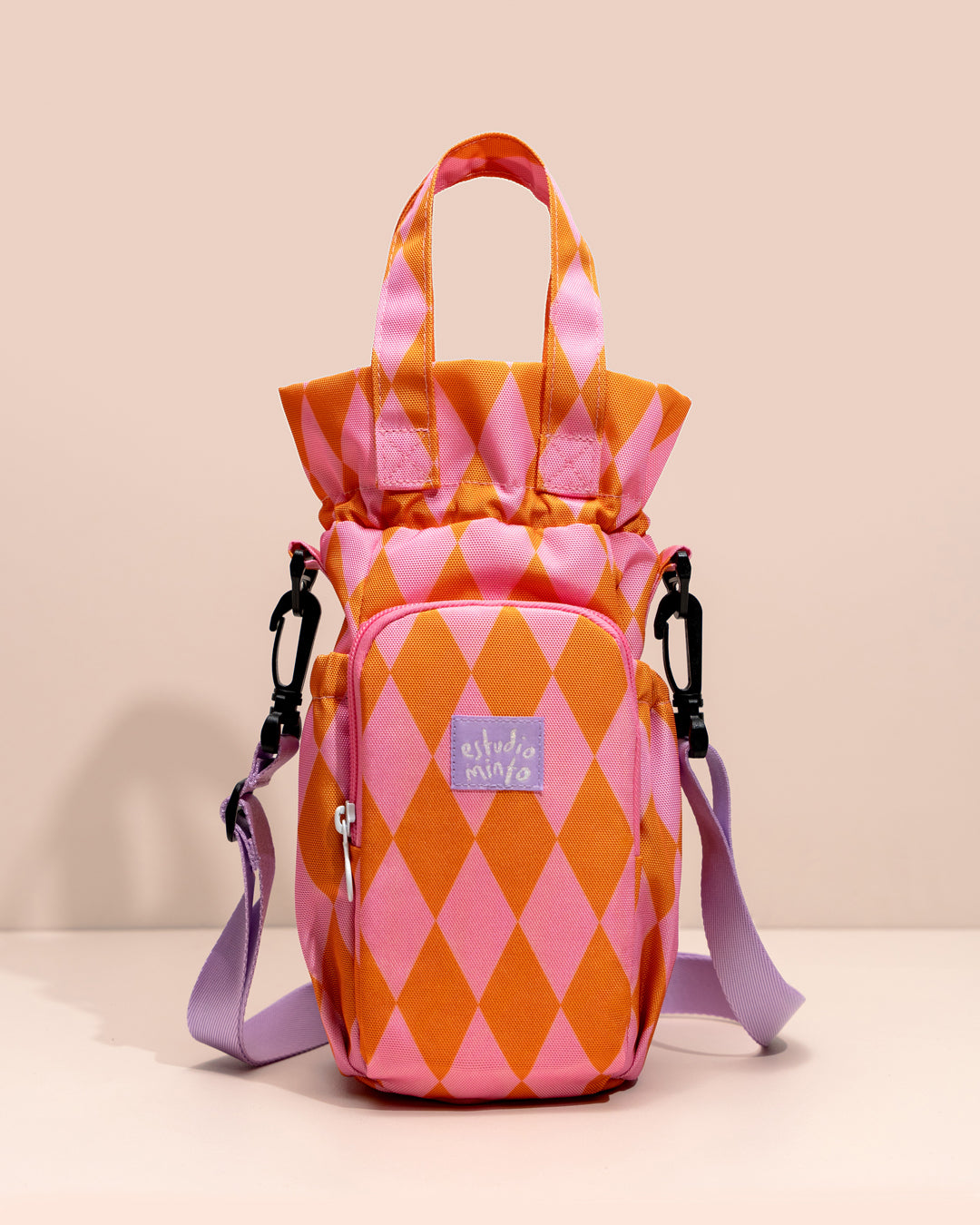 Bolso para Termo Retro Pop Pink con compartimento para botella y espacio para objetos personales.