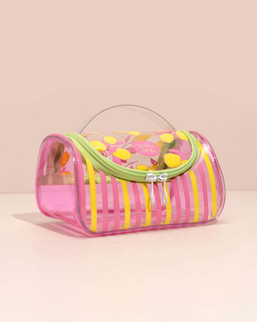 Neceser de Viaje Pequeño Yellow Limón en vinilo translúcido rosa con estampado de flores naranja y asa superior